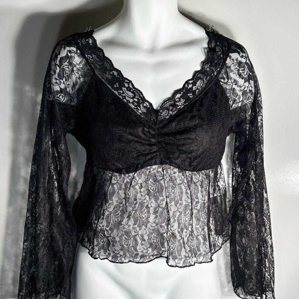 GLG Good Luck Gem SZXL Black Lace Sheer Y2K Top Dark Romance Feminine Whimsigoth